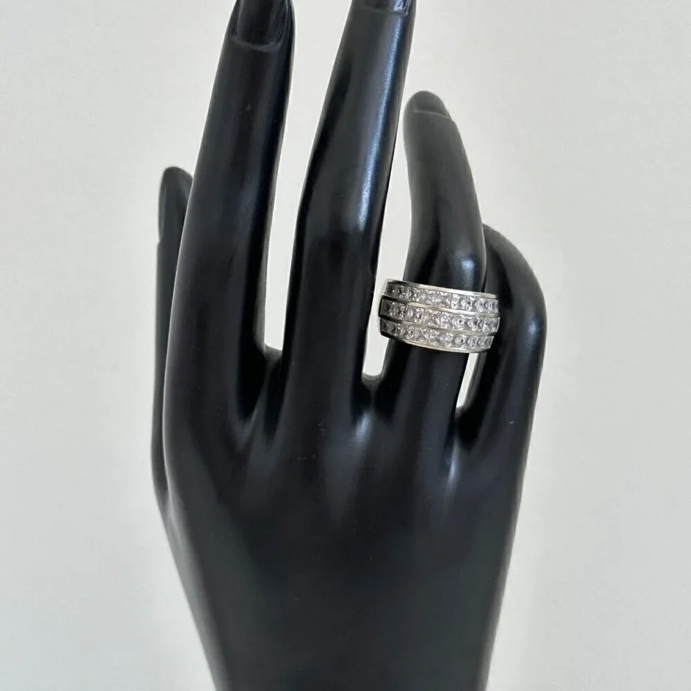 14K White Gold Three Row Clear CZ Wide Chunky Statement Band Ring Size 6.75